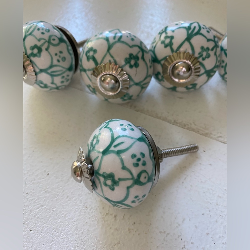 Anthropologie Teal Floral Ceramic Drawer Knob Set NWOT